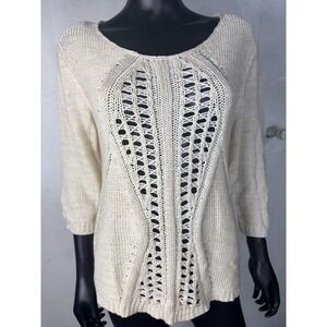 Avalin Knit Sweater Womens Small‎ Cream Beige Open Weave 3/4 Sleeve Pullover